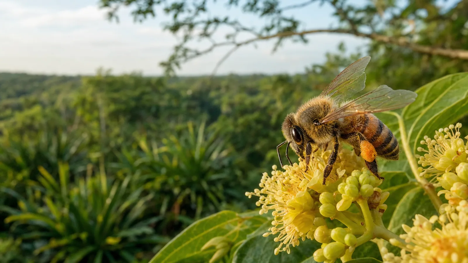 Abeja Apis mellifera recolectando polen en flores junto a la selva de la Península de Yucatán