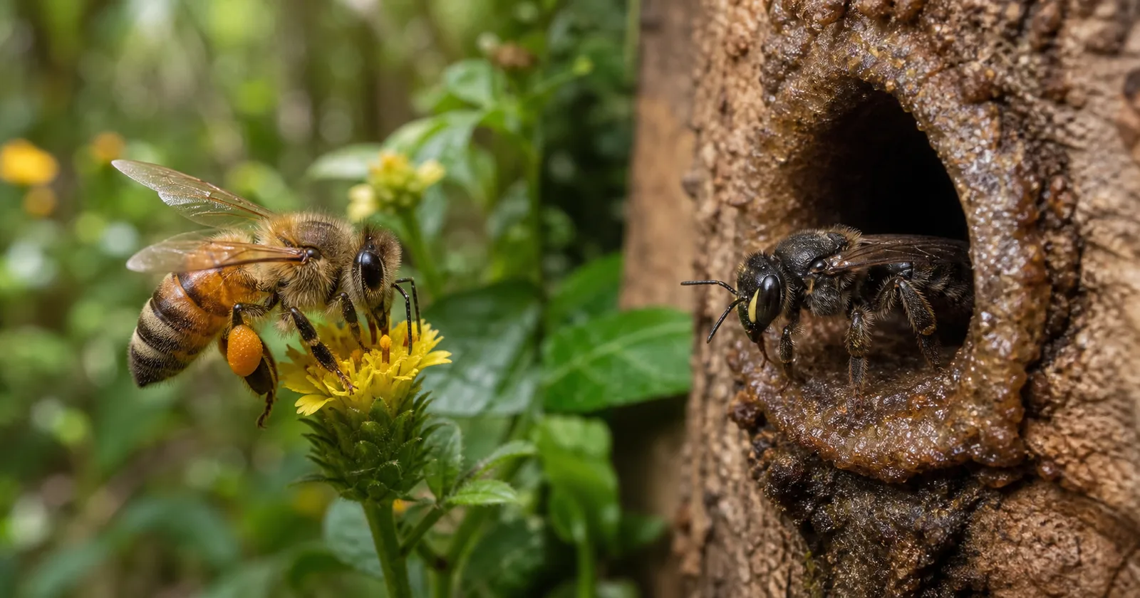 Apis mellifera sobre una flor y Melipona beecheii en la entrada de un nido