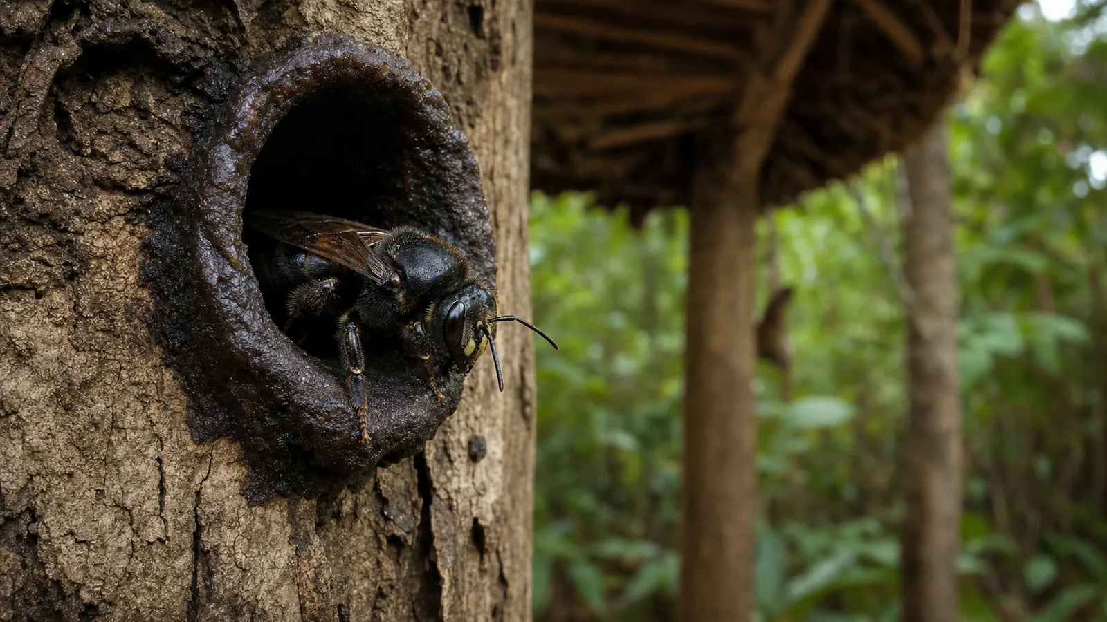 Abeja Melipona beecheii en la entrada de cerumen de un jobón junto a la selva maya