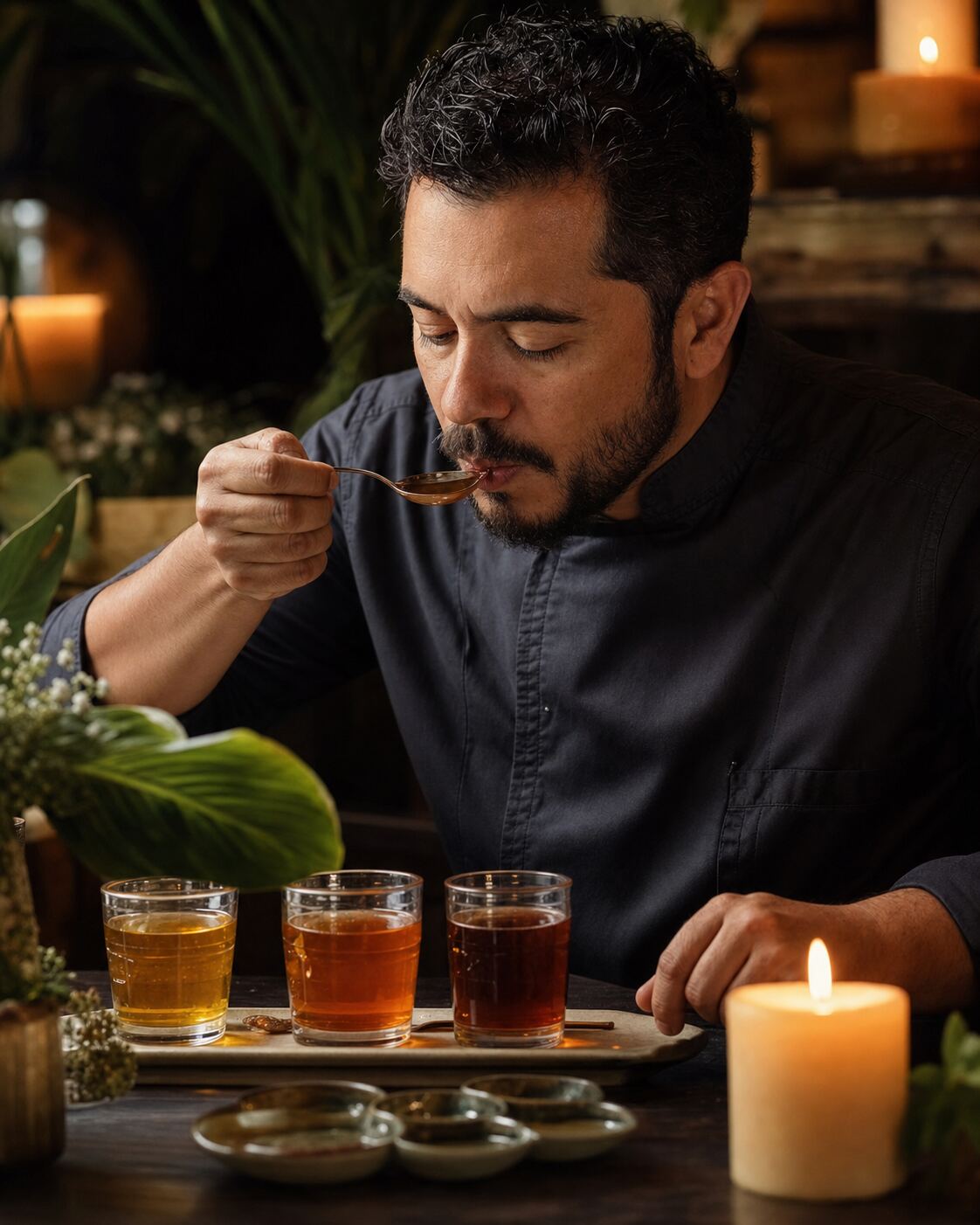 Chef evaluando los aromas y el sabor de tres mieles
