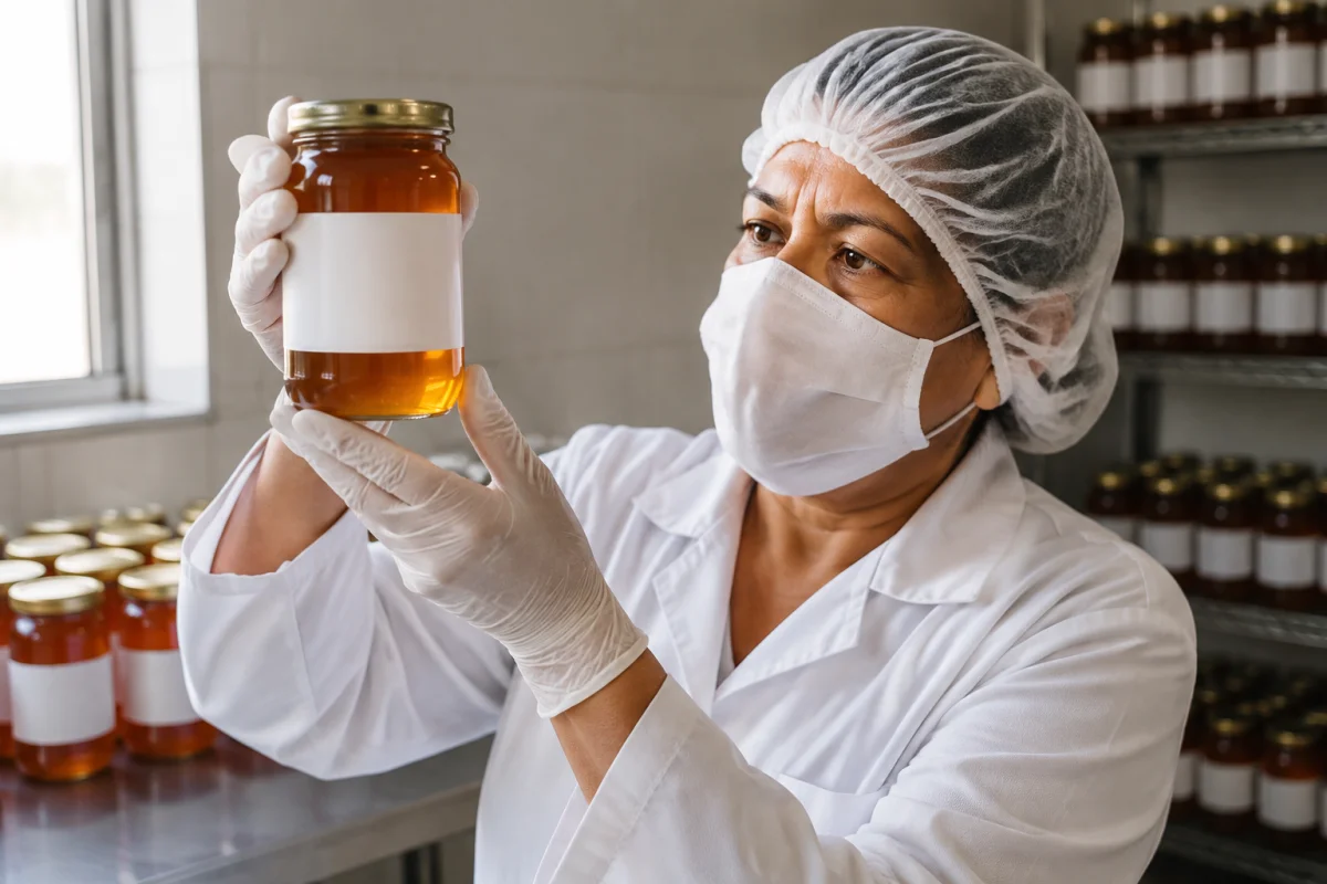 Representación editorial de una trabajadora inspeccionando el cierre, llenado y etiqueta de un frasco de miel.