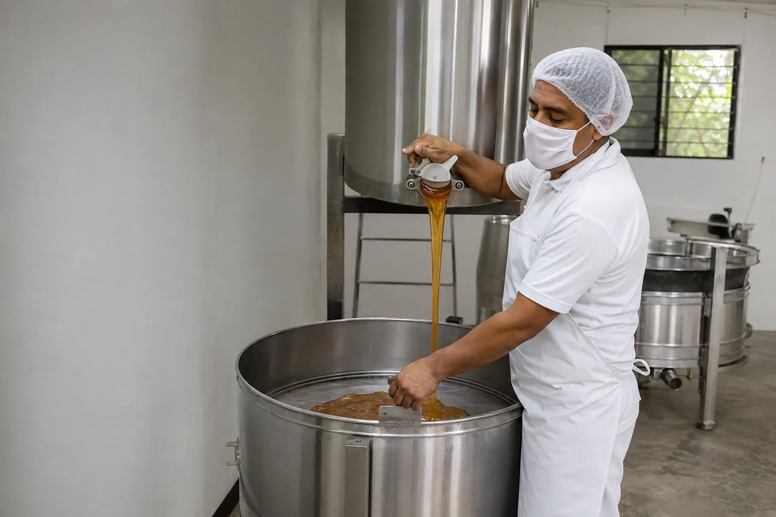 Productor de miel supervisando el paso de miel ámbar hacia un tanque de acero inoxidable en una sala limpia.