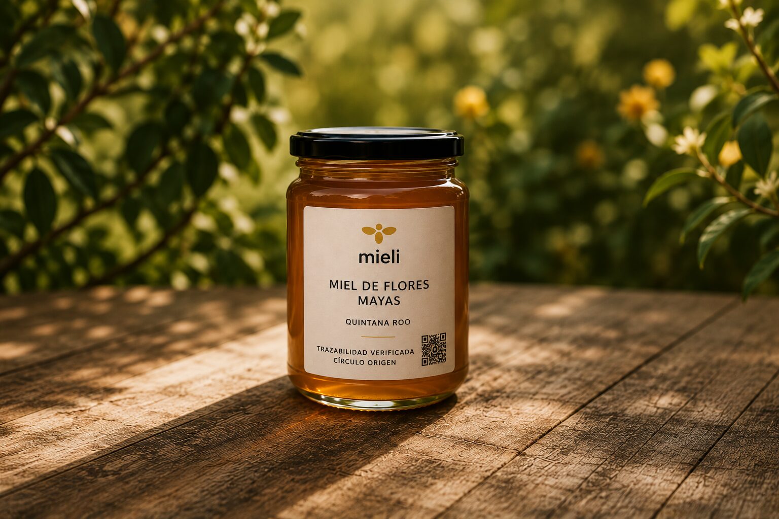 Frasco de miel de origen sobre una mesa de madera