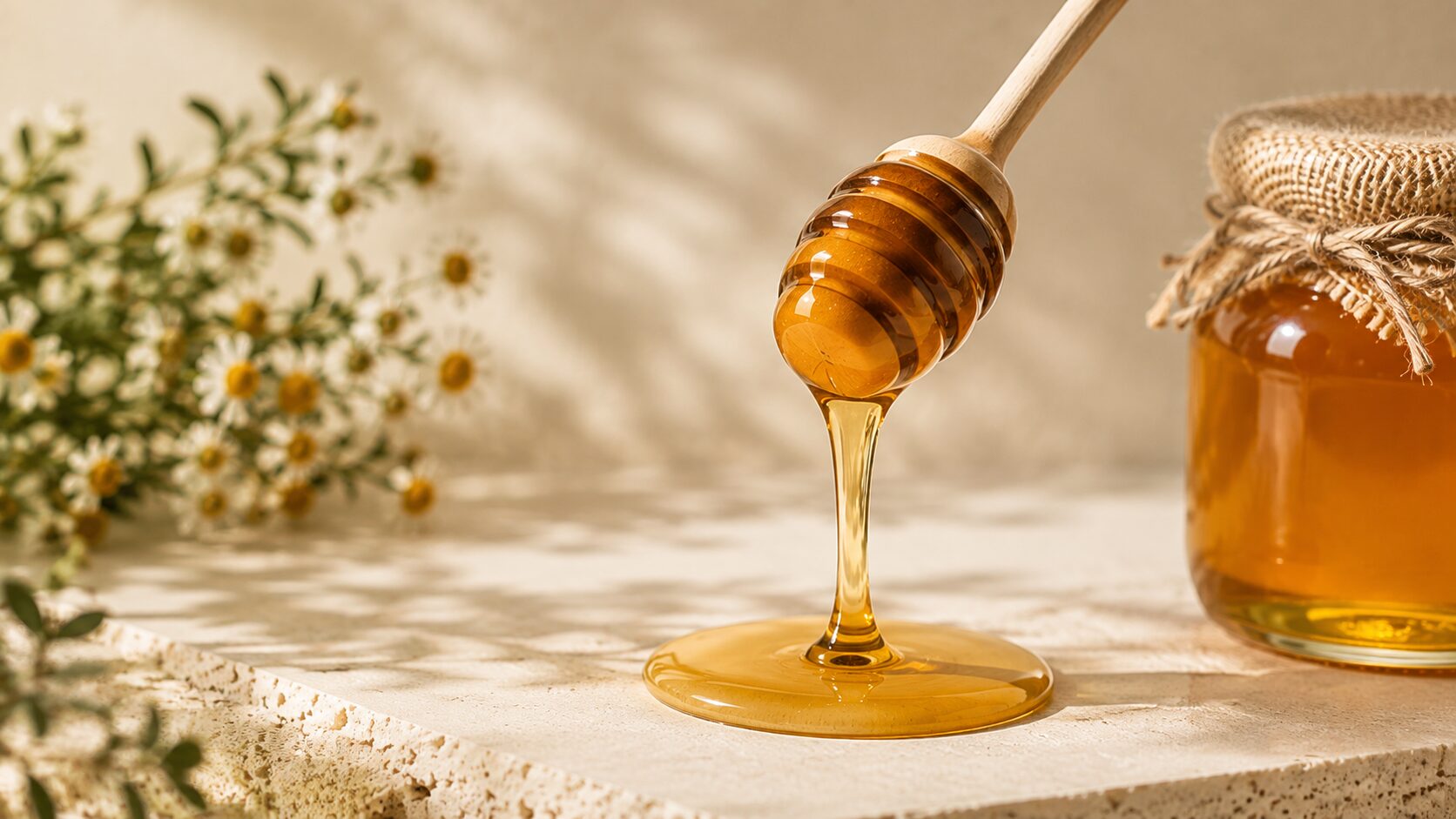 Miel Liquid Gold cayendo de un cucharón junto a flores claras y un frasco de miel