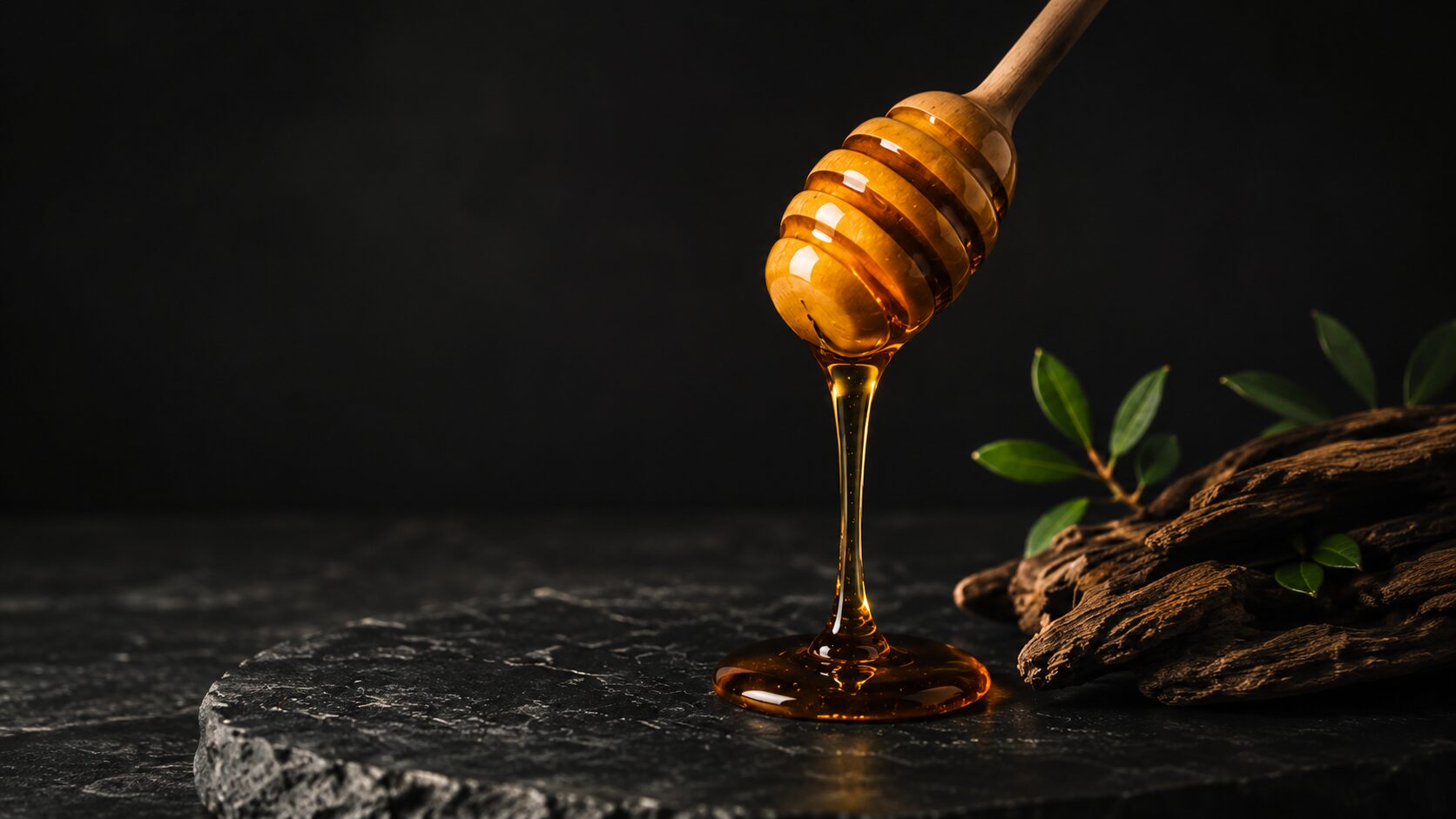 Miel Black Amber cayendo de un cucharón sobre una superficie oscura con madera y hojas verdes
