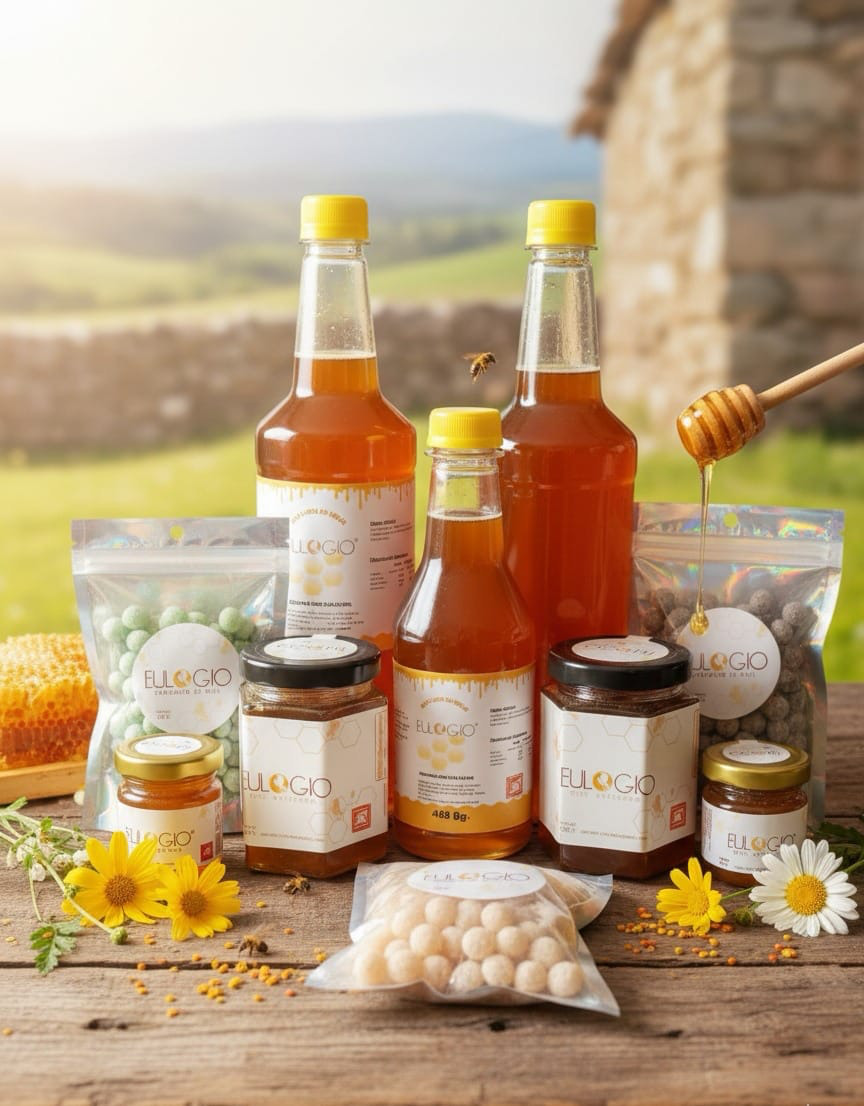 Colección de miel y productos artesanales Eulogio en un entorno rural