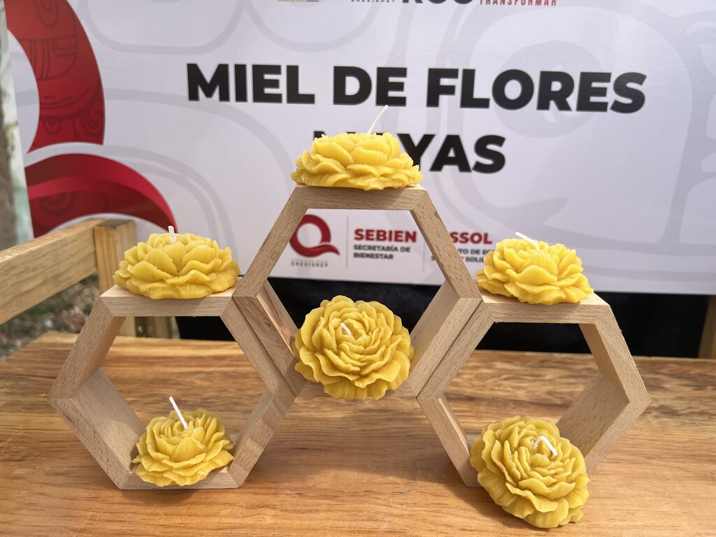 Velas florales de cera de abeja exhibidas en soportes de madera con forma de panal