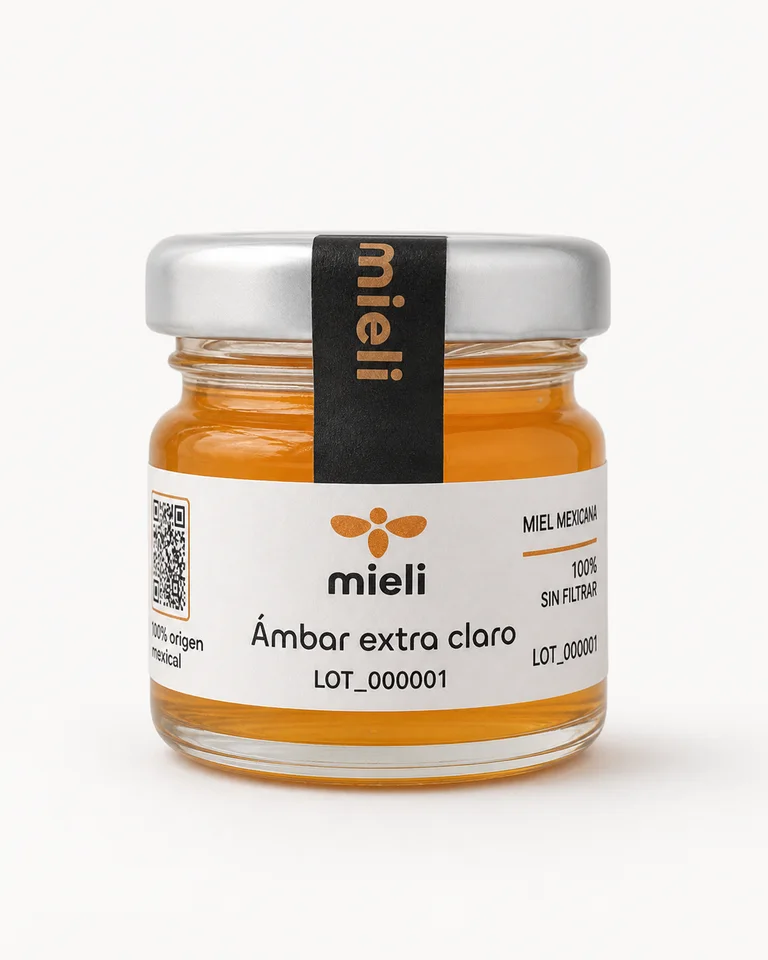 Frasco Mieli LOT_000001 con miel color Ámbar extra claro